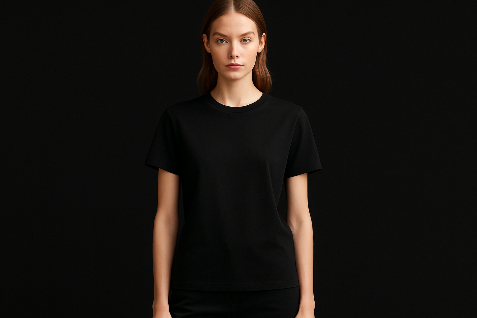 Professional model wearing plain black t-shirt on black background
