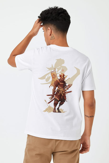 Person wearing a white t-shirt with a graphic design on the back, standing against a plain background.